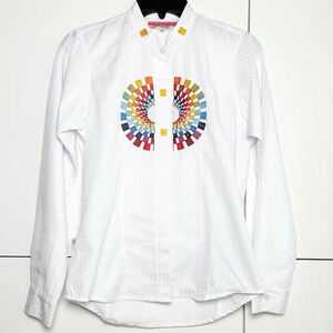PRIDE- Rainbow Embroidered Blouse Size Medium Button Front Collar Long Sleeve